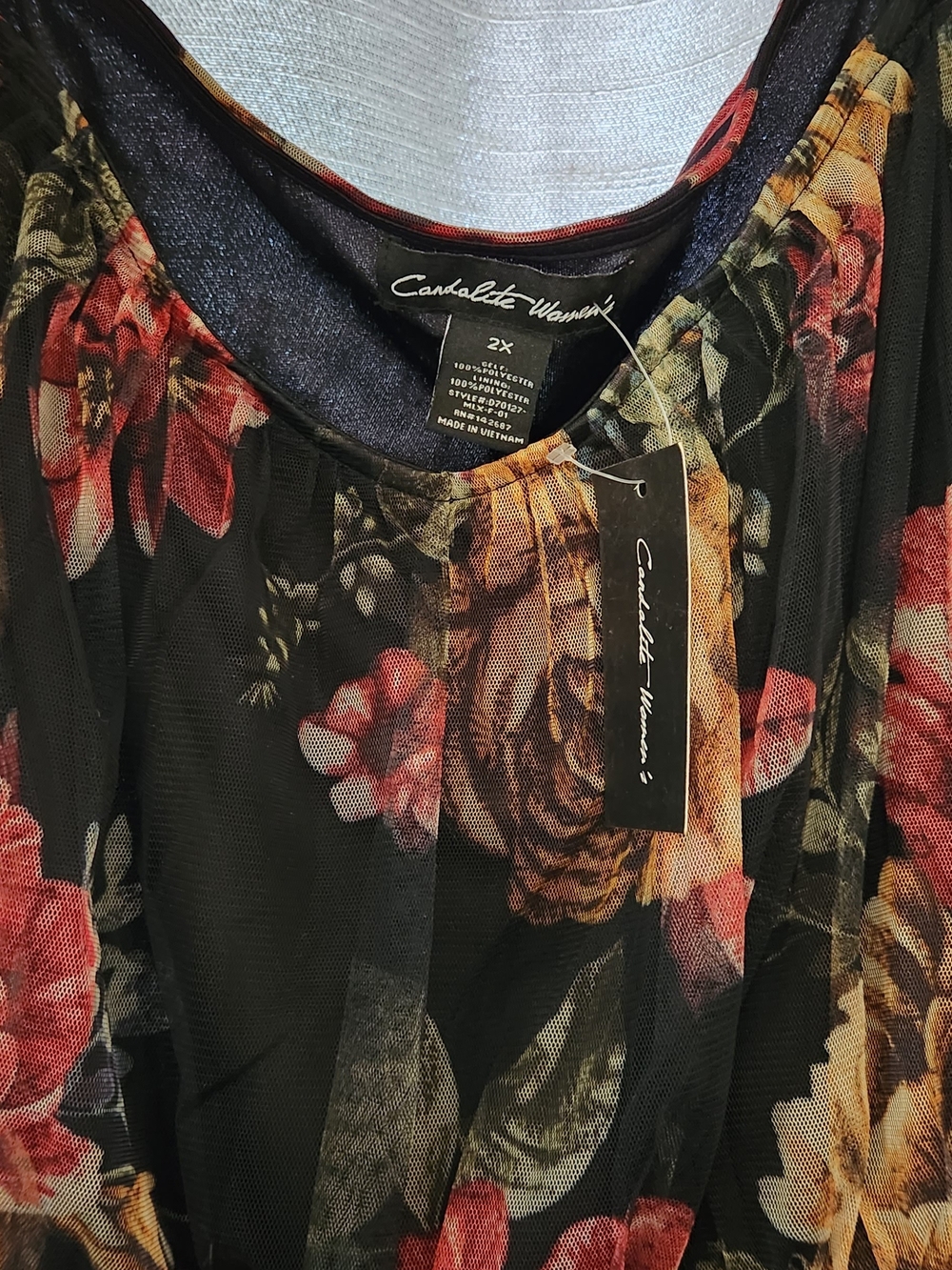 PLUS Size Tiered Sheer Floral Dress Long Sleeve- Black with Red & Green Floral - Picture 2 of 5